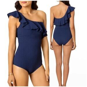 Shoshanna NWT One-Shoulder Ruffle One-Piece Swimsuit Navy Blue Size 8 Textured